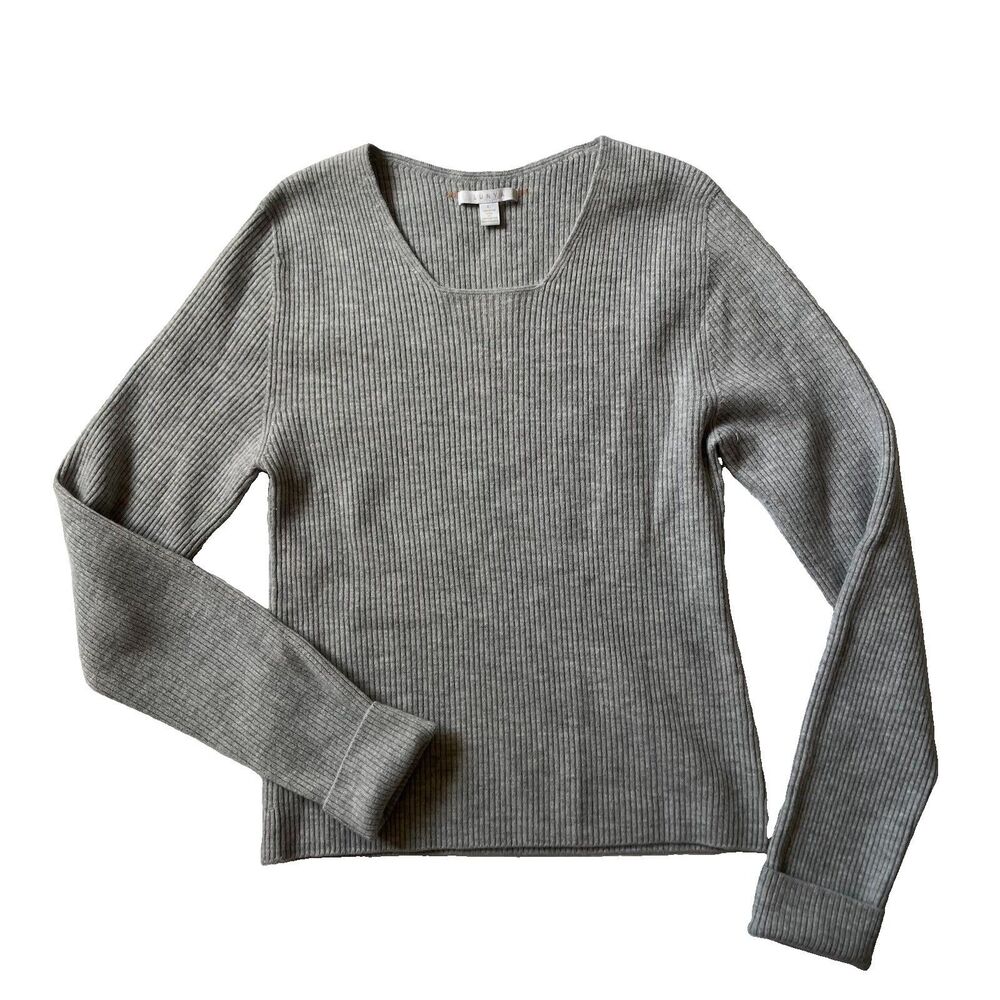 LUNYA Women Small Gray Cashmere ribbed square neck knit sweater quiet luxury